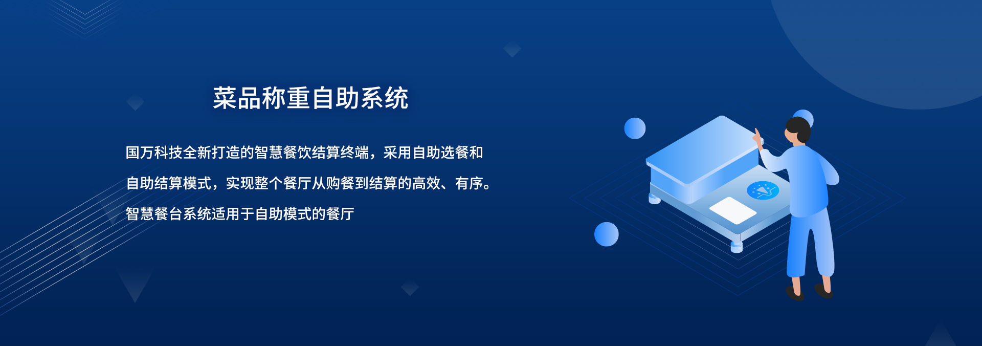 國萬智慧食堂自助餐智能菜品稱重系統(tǒng)來襲啦，就餐人員關(guān)注公眾號后進行自助充值，取餐盤進行信息綁定；取餐時自行夾菜，菜品稱重機無感自動稱重，系統(tǒng)自動結(jié)算。
